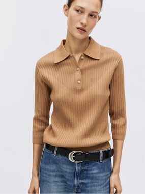 H&M Ribbed Polo Sweater in Camel Brown